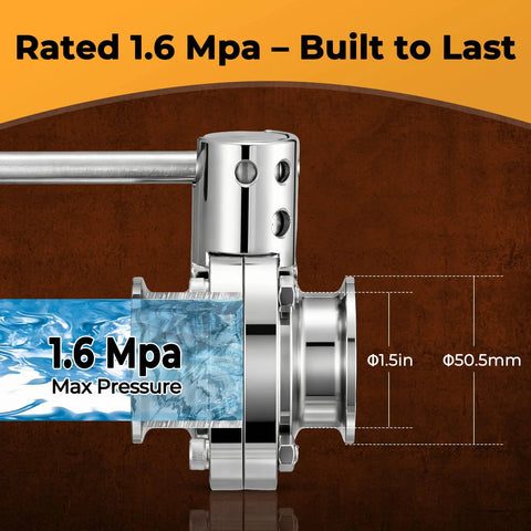 Butterfly valve, 1.5 in, sanitary stainless steel 304, tri-clamp ends, pull handle, max 1.6 MPa