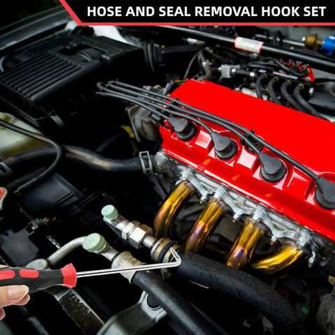 Hose Removal Hook Set 6 Pack for Radiator Hoses 10in and 8in Puller Tools in use on car engine