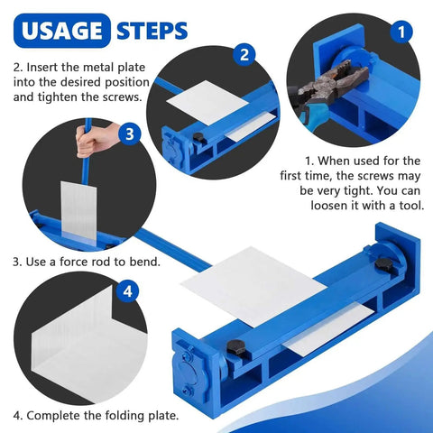 Infographics showing usage steps for 7.87 Inch Steel Bending Brake Manual Sheet Metal Bender For 0 To 90 Degrees mini brake tool