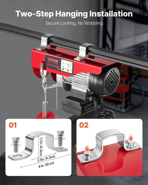 Electric Hoist With 14ft Wired Remote, 440 Lb Capacity, Two-Step Hanging Installation shown with secure locking brackets.
