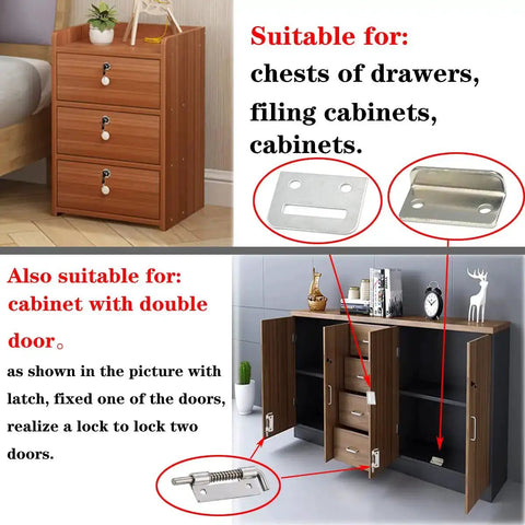 Heavy Duty Cabinet Lock With Keys For Single Or Double Doors installed on wooden drawers and cabinets, showing application