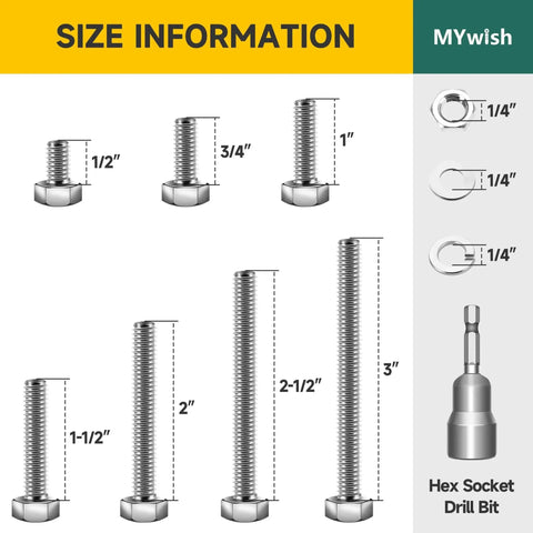 210 Piece Hex Bolts And Nuts Set In 304 Stainless Steel With Flat Spring Washers size chart showing seven common lengths.