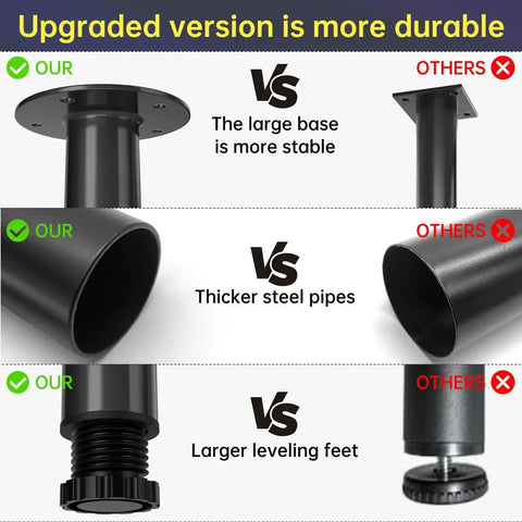 Comparison of upgraded adjustable metal desk legs 21 to 36 inches set for home office DIY furniture, black heavy duty steel support.