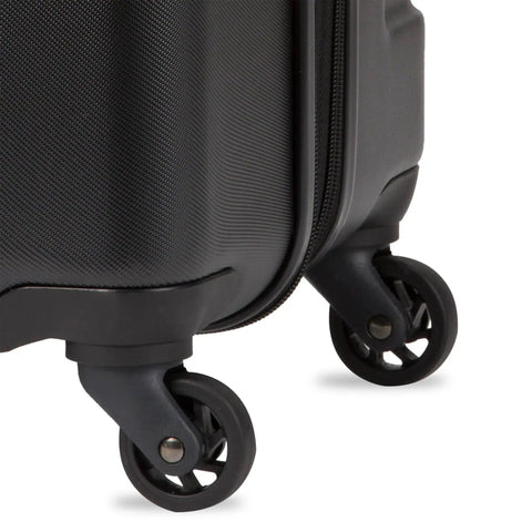 Close-up of spinner wheels on Expandable Carry On Luggage With Spinner Wheels For No Fuss Travel Easy 19 Inch Cabin Size Hardside Black Suitcase