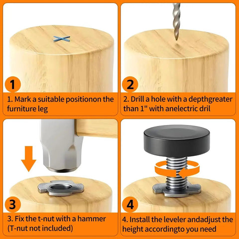 Installation guide for 12 Pack 1/4 Inch Threaded Leveling Feet Set For Furniture; steps include marking, drilling, fixing t-nut, installing leveler