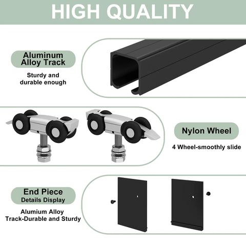 Image of 6Ft Barn Door Hardware Kit components showing aluminum box rail track, nylon wheels, and end pieces