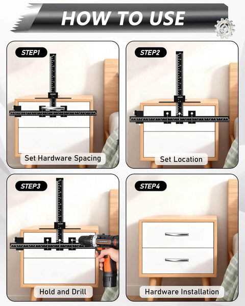 Step-by-step guide using Aluminum Cabinet Hardware Jig With Center Punch, Adjustable Drill Guide Template for drawer installation