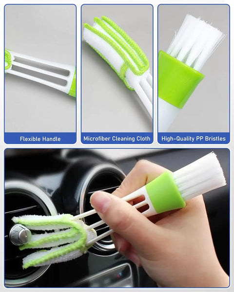 Close-up of Vent Dust Brush from Expandable Car Window Cleaning Kit With Telescopic Handle Six Reusable Microfiber Pads Spray Bottle Vent Dust Brush Interior Dust Brush All In One No Mess Car Glass Cleaner Tool Blue, showing flexible handle and microfiber cleaning cloth.