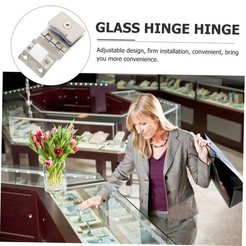 Heavy Duty Glass Door Hinge For Cabinets And Display Units With Screws, shown in use with display cases, ideal for wine cabinets and bookcases.