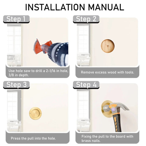Installation guide for 4 Pack Solid Brass Finger Pulls for Sliding Doors showing drill, hole, pull installation, and fastening steps.