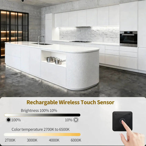 Modern kitchen with Linkable 15 Foot CCT COB LED Light Bar Kit With 12 Bars 2700K To 6500K and touch sensor for brightness control.