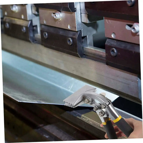 Person using Pro Grade Manual Metal Bender Tool For Sheet Metal And Flat Bar Seaming Pliers Duckbill Pliers Set on metal sheet