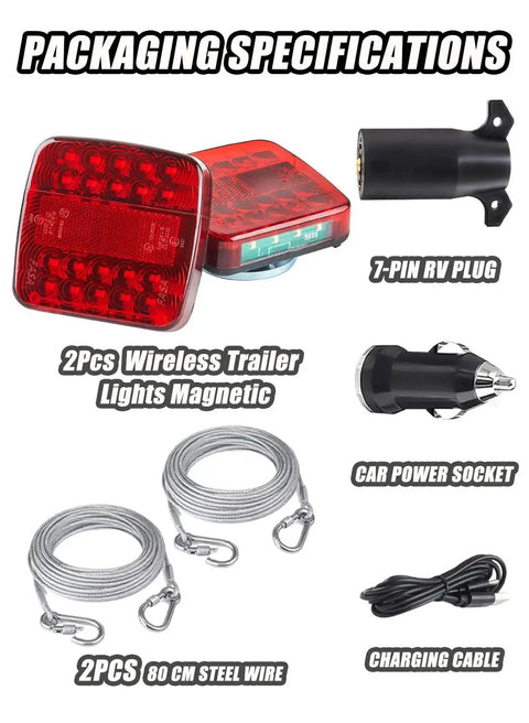 Red wireless trailer lights with magnets; includes 7-pin RV plug, car power socket, two steel wires, and charging cable.