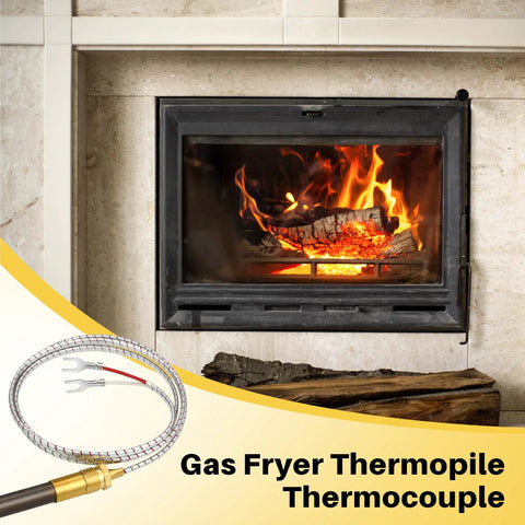 Thermopile for Gas Fryer with 38-inch aluminum thermocouple, brass fitting, dual-spade connectors, beside lit hearth.