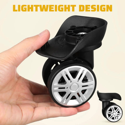 Hand holding black suitcase wheel from 4 Pcs Universal Suitcase Wheel Replacement Set Heavy Duty Luggage Casters Quiet Dual Row Design