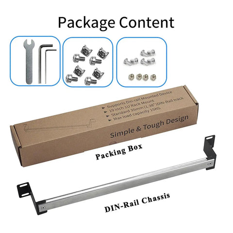 All In One 19 Inch DIN Rail Chassis Bracket Kit For 35mm DIN Mounted Gear, shows packing box and metal chassis with screws.