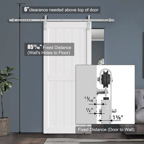 40 x 84 Inch Solid Wood Paneled Sliding Barn Door With Brushed Nickel Hardware Kit, White Finish, installed on wall