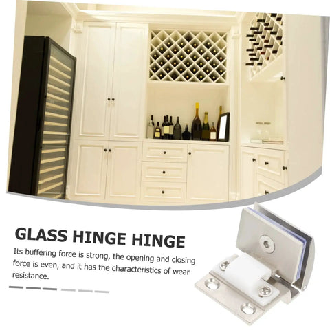 Heavy Duty Glass Door Hinge For Cabinets And Display Units With Screws, Clamp Style Glass Hinge For High Load Wine Cabinets and Bookcases, shown next to a white cabinet setup.