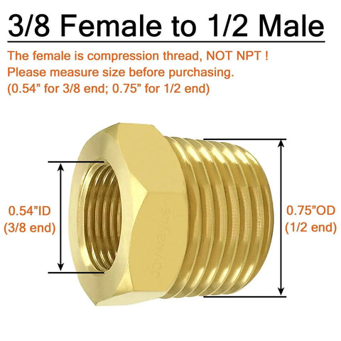 Half Inch NPT Male To Three Eighths Inch Compression Female Brass Reducer Pipe Fitting For Faucets And Hoses Side View