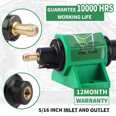 Universal 12V Diesel Fuel Pump 5-9 PSI, 35 GPH, 12D Super Model, Five Sixteenth Inch Inlet And Outlet, image showing close-up and warranty