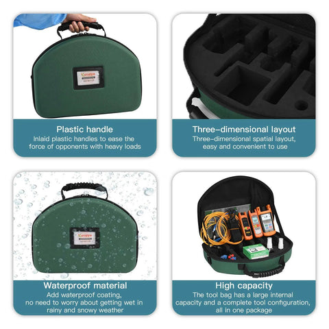 Komshine KLT-12E fiber toolkit case, green hard-shell with plastic carrying handle
Komshine KLT-12E toolkit interior, three-dimensional foam layout for tester components
Komshine KLT-12E fiber toolkit case waterproof exterior with coating
Komshine KLT-12E tool bag opened, orange testers and fiber accessories inside