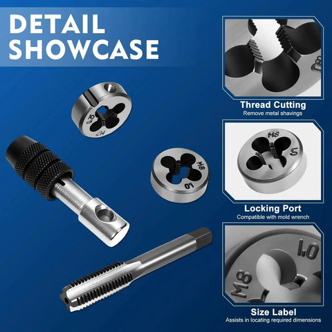 80 Piece Metric Tap And Die Set M3 Through M12 with close-up of thread cutting, locking port, and size label features.