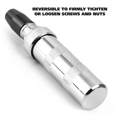 Front view of chrome Impact Driver Kit With Four Drill Bits And Three Eighth Inch Drive Beefy Manual Impact Driver For Rusted Fasteners And Auto Repair Chrome Vanadium Bits Heavy Duty Fastener Loosener For Stubborn Screws