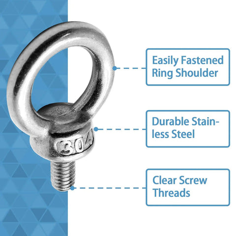Four Pack M10 Eye Bolts Stainless Steel 304 Rustproof Lifting Eyebolt Ring With Shoulder, close-up view with labels