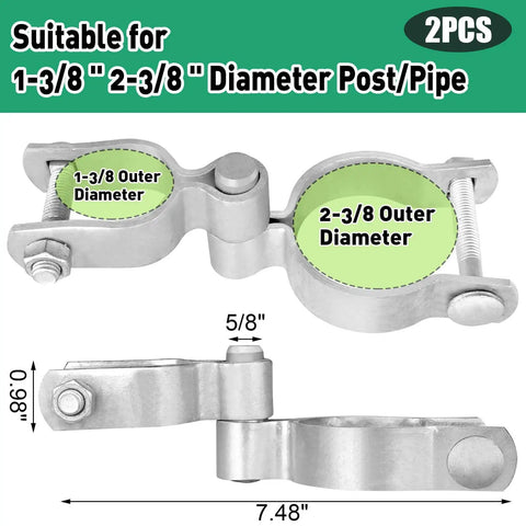 Heavy Duty Gate Hinges For Dual Size Posts One Three Eighths Inch And Two Three Eighths Inch Adjustable Universal Post Hinges With Bolts And Nuts Zinc Plated Steel Two Pack Includes Two Male And Two Female Hinges For Swing Gates shown from top and side view