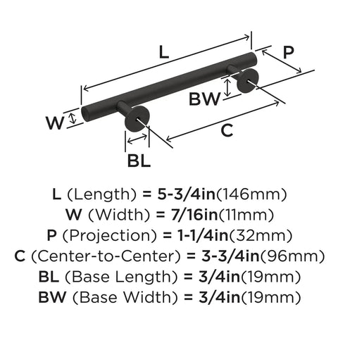 Diagram showing dimensions of Matte Black Radius Cabinet Pull For Cabinets And Drawers In Contemporary Modern Style.