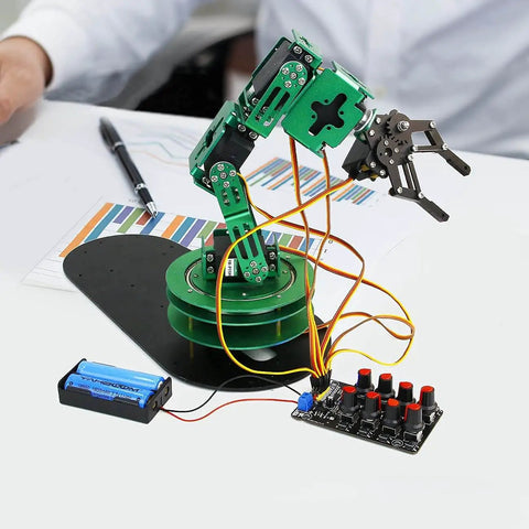 Robot arm setup with servo connected to 8 Channel RC Servo Tester With Independent 8 Channel Interface And Over Current Protection.