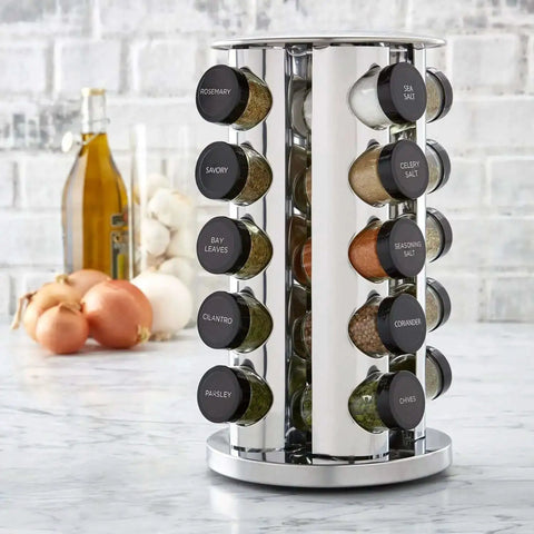 20 Jar Revolving Countertop Spice Rack With Pre Filled Glass Jars And Removable Sifter And Labeled Black Caps And Free Spice Refills For Five Years Polished Stainless Steel Easy Reach Kitchen Organizer For Fresh Flavor.