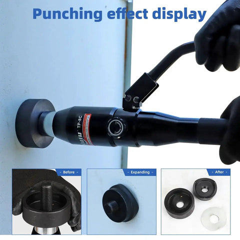Hydraulic Knockout Punch Kit With 66 Kilonewton Power Pro Grade Six Hole Opening Dies punching metal panel, user in gloves