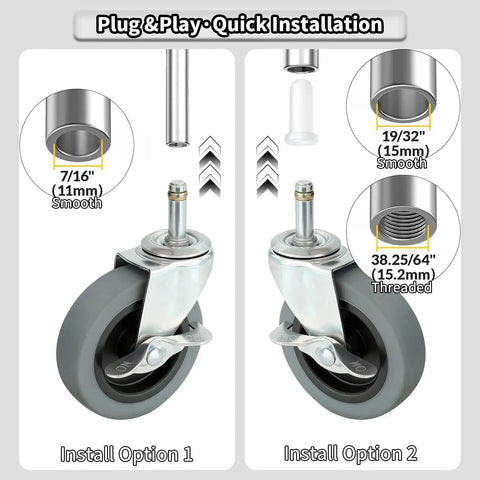 4 Inch Stem Caster Wheels Set Of 4 With Side Brakes Heavy Duty Thermoplastic Rubber Casters installation options diagram