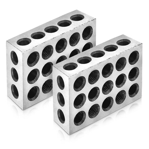 Matched Pair 1 2 3 Blocks Set for Milling Machines with 23 Holes, Precision Ground Tool Steel Blocks on white background