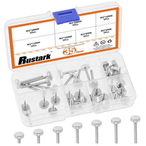 35Pcs M3 Nickel Plated Knurled Thumb Screws Set In 7 Sizes M3x6mm M3x8mm M3x10mm M3x12mm M3x16mm M3x20mm M3x30mm shown in box
