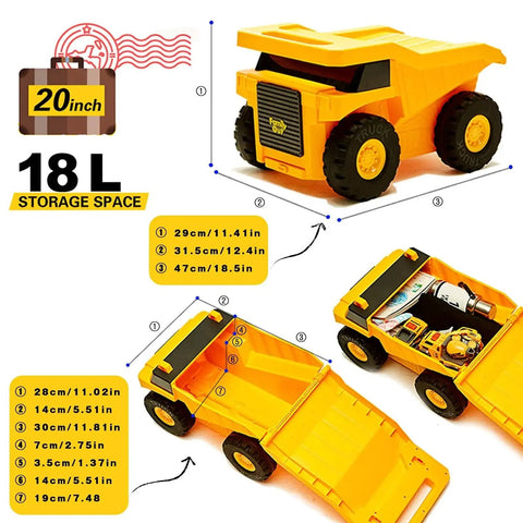 Yellow Monster Truck Design Ride On Kids Suitcase with 18L Storage, Wheels, and Toy Box Function for Toddlers - Durable ABS, Pull Strap