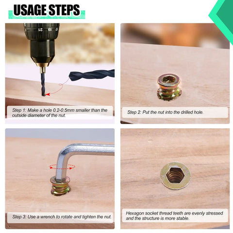 Usage steps for Heavy Duty Wood Furniture Threaded Inserts Set 30 Pieces 1/4-20 X 15mm with 1/4-20 X 20mm Screw In Nuts and Hex Wrench