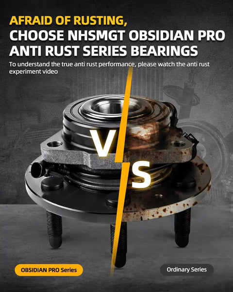 Comparison of NHSMGT Obsidian Pro anti rust bearings vs ordinary bearing with rust, showing durability and design.