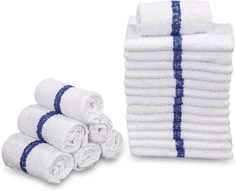 Soft Cotton Blend White Bar Mops For Restaurants And Kitchens 36 Pack With Blue Stripe 84 Percent Cotton 16 Percent Polyester Highly Absorbent Durable Easy Care Economy Grade Towels