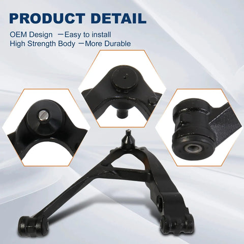 Two Piece Front Lower Control Arm Suspension Kit Fits Chevy Silverado Tahoe Avalanche GMC Yukon Sierra Cadillac Escalade For 1999 Through 2006 Trucks And SUVs Provides A Smooth Ride Precise Alignment And Easy Bolt On Install, front view showing steel arms with rust-resistant coating and installation details.