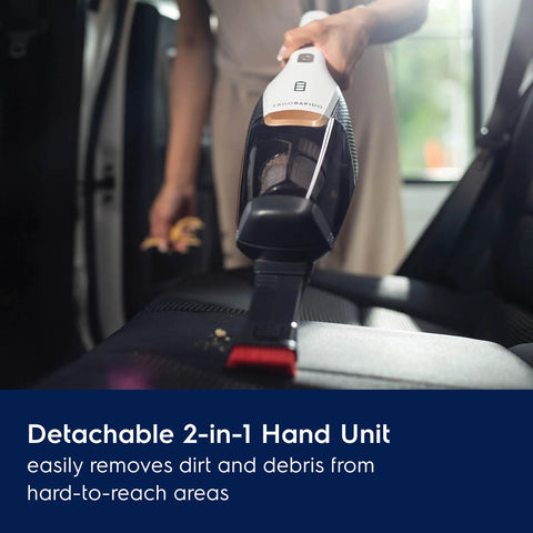 Electrolux Ergorapido cordless 2-in-1 handheld vacuum in satin white with copper accents, cleaning car upholstery.