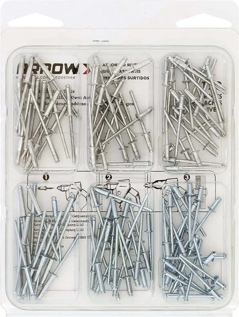 Pop Rivet Assortment Kit For Metal Fabric Leather And Auto Repair One Eighth Inch Rivets Aluminum And Steel 120 Pack display