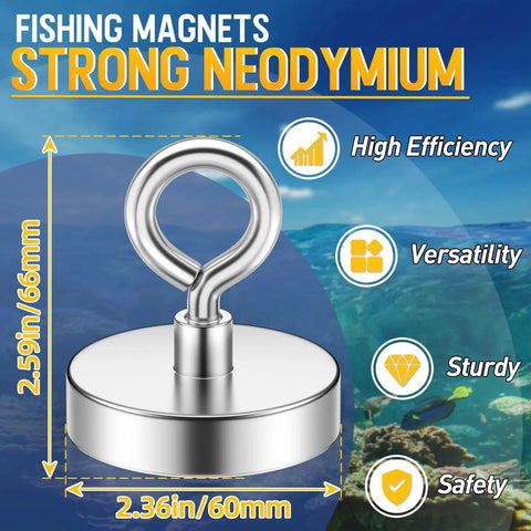 Heavy Duty Fishing Magnet 500 Lb Pulling Power 2.36 Inch Base for Treasure Hunts with metal ring and measurements