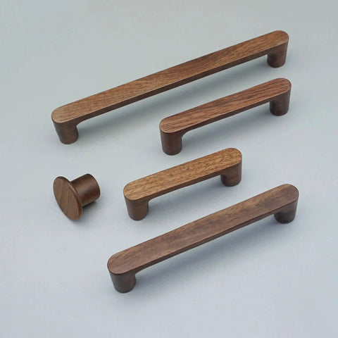 Six Pack Walnut Wood Drawer Pulls Set Rustic Cabinet Handles For Kitchen And Furniture Hardware Natural Wood Dresser Knobs Approximately 6.93 Inch Total Length With About 6.3 Inch Hole Spacing 0.62 Inch Wide And 1.22 Inch High displayed on a light surface