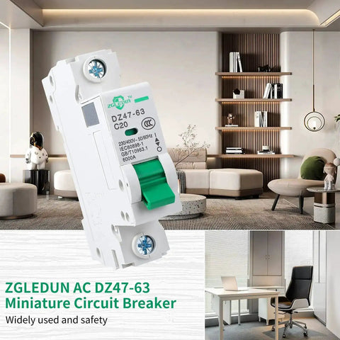Miniature Circuit Breaker 3 Pack DZ47 63 110/240V 2 Pole 16A MCB for home and solar installations, shown in modern living room setting.