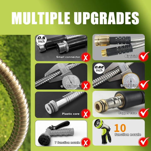 50ft metal garden hose, stainless steel, yellow, Amazon brand, with 10-function nozzle for outdoor use.