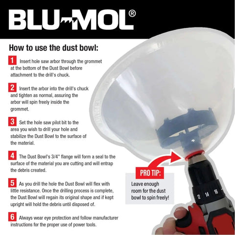 Mess Free RemGrit Blu Mol Collapsible Dust Bowl for hole saws showing installation instructions and usage tips by Disston