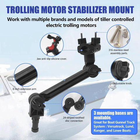 Universal Trolling Motor Stabilizer Bracket With Quick Release And Adjustable Support Mount For Electric Tiller Motors Fits Versatrack Lund Ranger And Lowe Boat Track Systems Ideal For Fishing Boats And Kayaks EDSRDPLT depicted with features labeled in blue