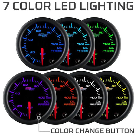 Seven Color Oil Pressure Gauge Kit For Cars And Trucks With Zero To One Hundred PSI Range displaying various LED colors.